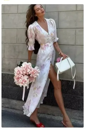 V-neck Organza Floral Chiffon Puff Sleeve Slit Long Dress Bodycon High Slit Bodycon Sexy Dresses Lady Chic Daily Sweet Date Robe