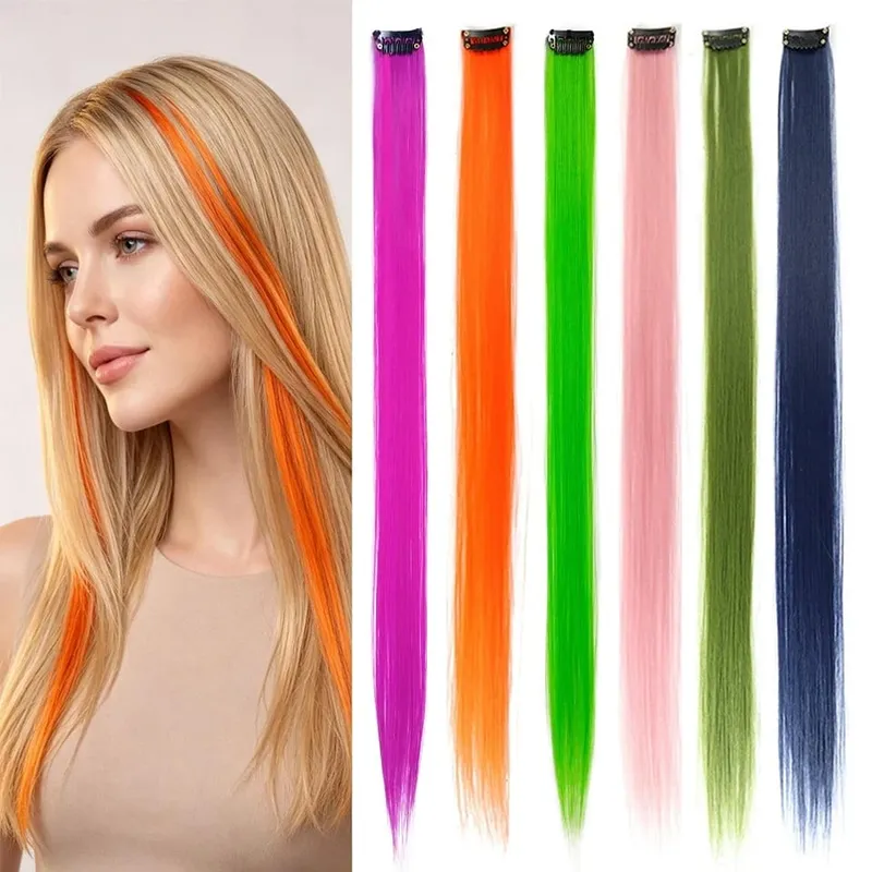 Colored Hair Extensions Synthetic 22Inch Straight Orange Green Clip in Hair Extension Rainbow Accessories Party Highlights Hair — image 2