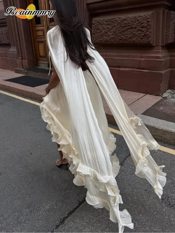 Ruffle Solid Maxi Dress Women Fashion Lapel V-neck Sleeveless Pleated High Waist Dresses 2026 Summer Lady Chic Vacation Robes — image 6