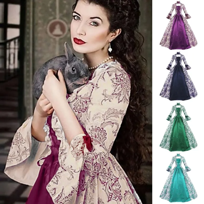 Robe longue à lacets pour femmes, tenue médiévale, à volants, avec nœud, Vintage, carnaval victorien, Maxi, taille haute, motif Floral, féerique