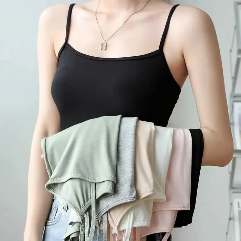 Women's Solid Color Spaghetti Straps Sleeveless Slim Camisole with Chest Pad Cotton Summer Wear Outside Female Short Tops Vests — image 4