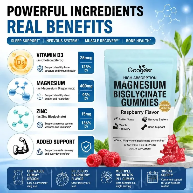Magnesium Bisglycinate Gummies for Bone Muscle Sleep Support Nervous System Wellness with Vitamin D3 and Zinc 60 Gummies — image 4