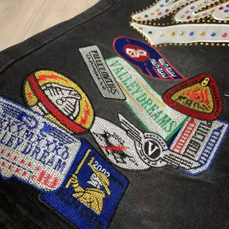 New Y2K Colorful Rhinestone VALLEY Embroidery Patch Label Denim Shorts Jorts Men Women High Quality Loose Straight Short Jeans — image 5