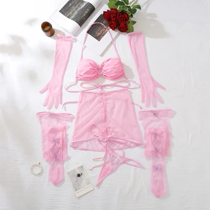 Lingerie Ultra Sexy Halter Bra Drawstring Pleated Attractive Suspenders Romantic Butterfly Cut Out Stocking Gloves