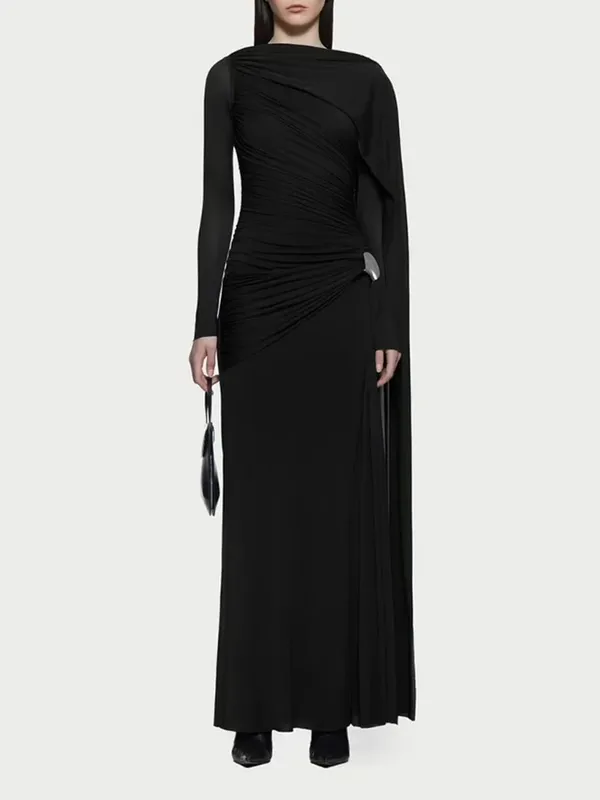 Slimming Spliced Folds Temperament Dresses for Women Round Neck Long Sleeves Patchwork Ribbon Dress Female Clothing — image 7