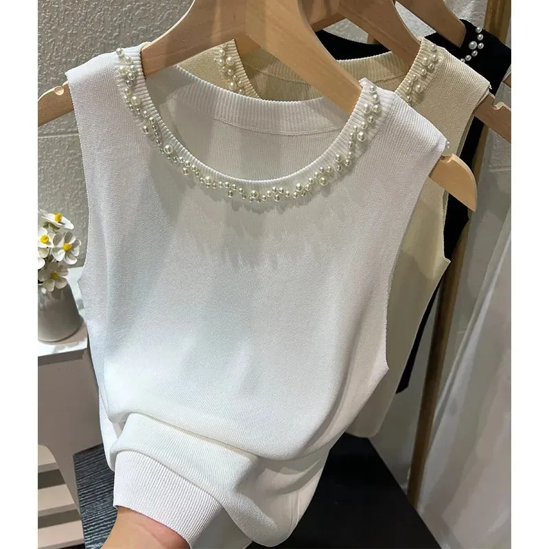 White Women Camisole 2026 New Summer Slim Thin Ice Silk Knit Vest Trendy Beaded Decor O-Neck Sleeveless Tank Top