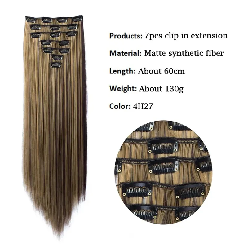 7Pcs/Set Long Straight Clip in Hairpiece Synthetic Clip in Hair Extensions Brown Highlight Blonde Natural Soft Hairpieces — image 2