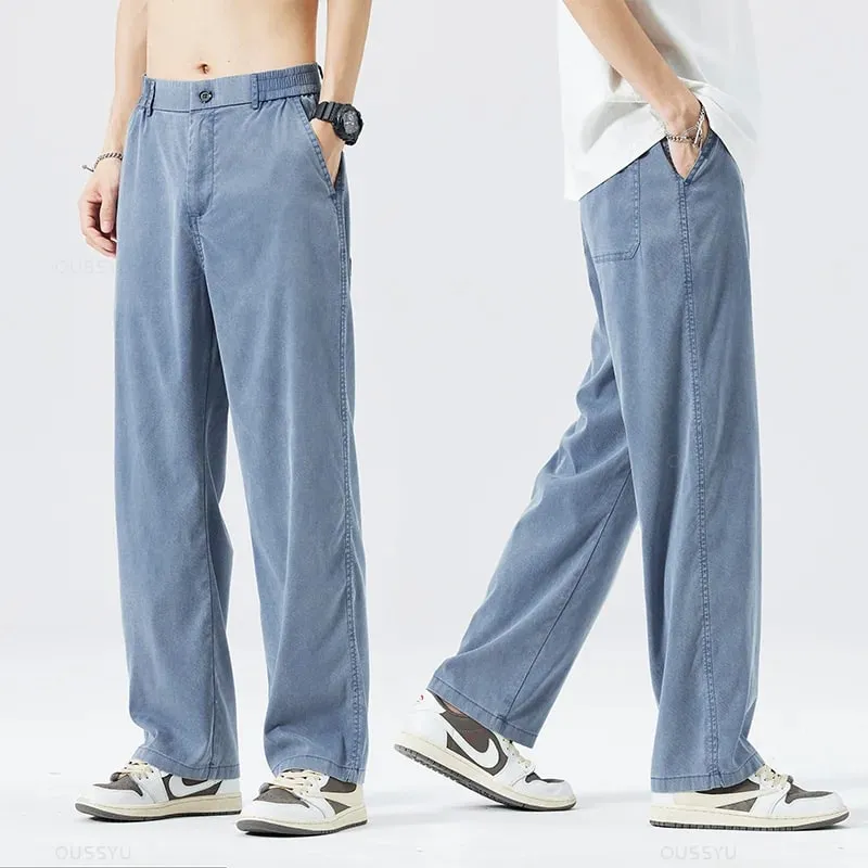 Sommer Blødt Lyocell stof Herre jeans Tynde Løse Lige Bukser Snøre Elastisk talje Korea Casual Bukser Plus Størrelse M-5XL
