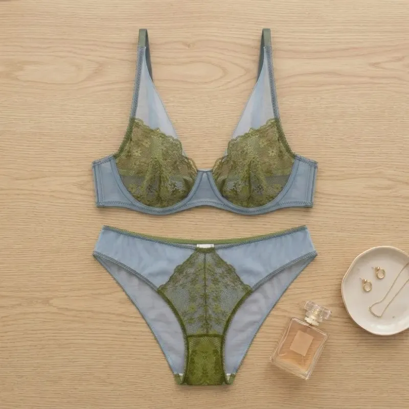 French Vintage Mesh Lace Flower Bra Set Brassiere Underwear Push Up Bra Women Lingerie Thin Mesh Bra Panties Kit Lady — image 4