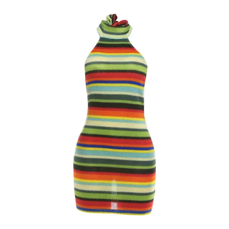 Cryptographic Striped Knit Halter Mini Dress Colorful Contrast Sleeveless Backless Summer Casual Clubwear Bodycon Short Dresses