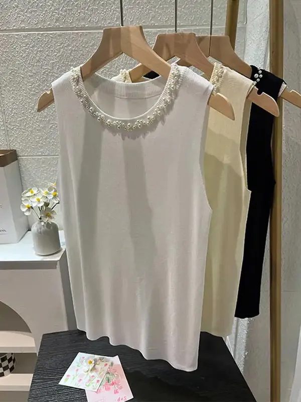 White Women Camisole 2026 New Summer Slim Thin Ice Silk Knit Vest Trendy Beaded Decor O-Neck Sleeveless Tank Top — image 4