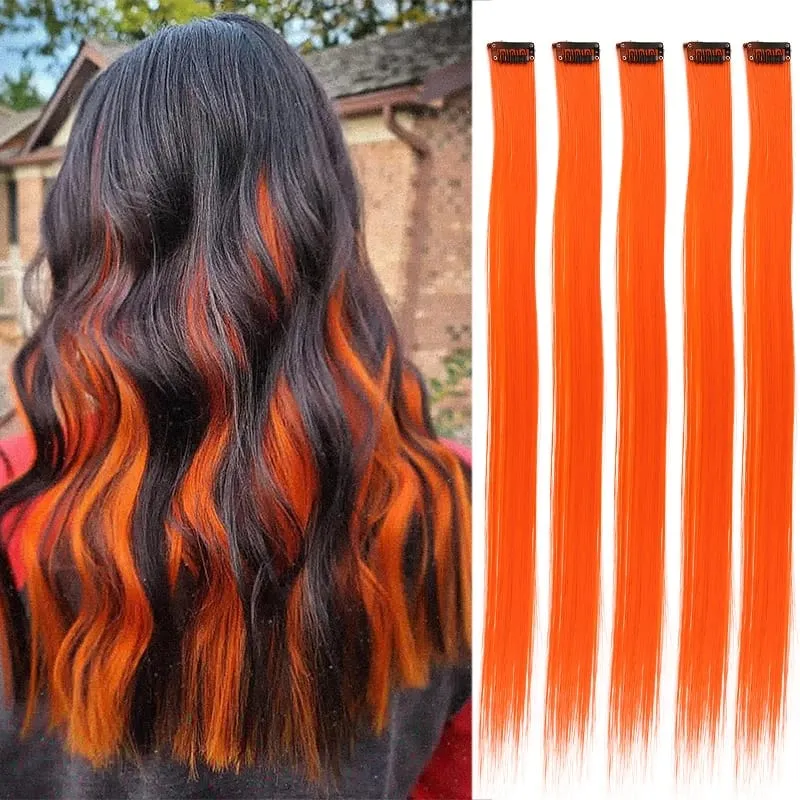 5 Pieces of Colorful Hair Clips 24 Inch Long Straight Fake Hair Clips Combined for Christmas Fashion Wig Pieces — image 15