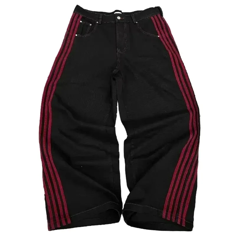 Y2K Baggy Jeans Retro Men's Gray Embroidered Striped Harajuku Sweatpants Women Hip Hop Streetwear Old Washed Wide Leg Denim Pant