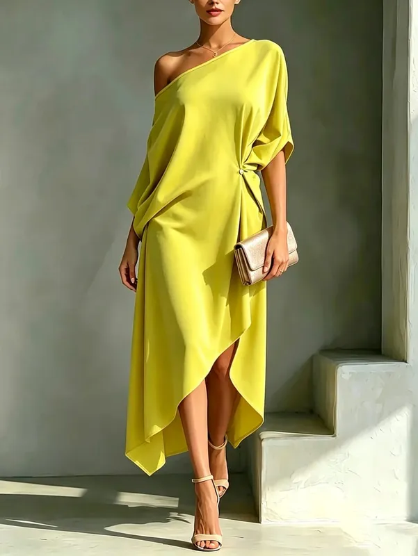 Elegant Off Shoulder Half Sleeve Dress Women Summer Batwing Sleeves Irregular Button Design Vintage Casual Holiday Beach Dresses
