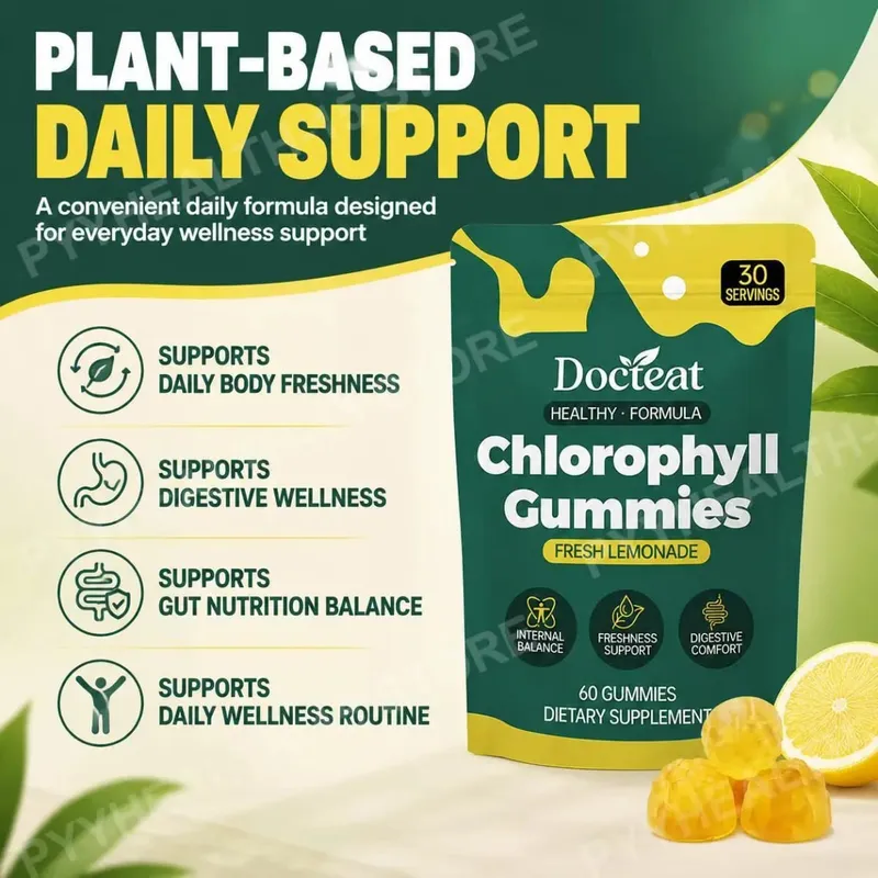 Docteat Chlorophyll Gummies Lemonade Gut Nutrition Balance with Prebiotic Inulin and Apple Fiber Digestive Wellness 60 Gummies