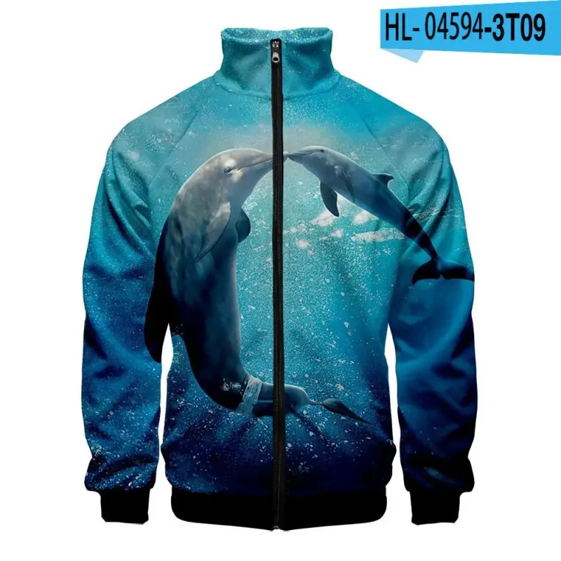Harajuku Popular Novelty dolphin 3D Print Zipper Raglan Jacket Windbreaker Boys/Girls Comfortable Stand Collar Jackets Coats