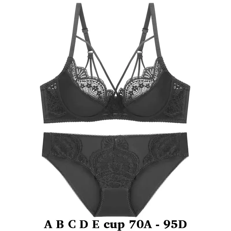 high quality sexy lace women bras and brief two piece set push up A B C D E cup wire summer lingerie underwear blue red black — image 2