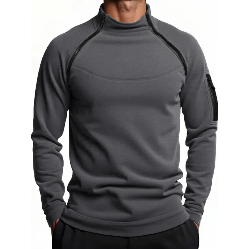 Autumn Winter Men's Polar Fleece Sweatshirt Outdoor Warm Tactical Double Zipper Stand Collar Top Casual Solid Color Sweatshirt