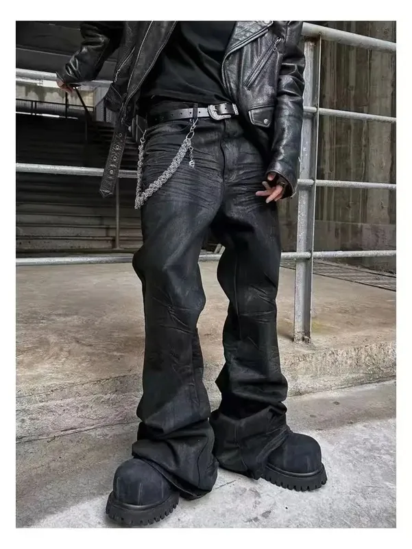 American retro heavy industry men and women black gothic retro casual loose jeans High street coated micro-flare jeans — image 5