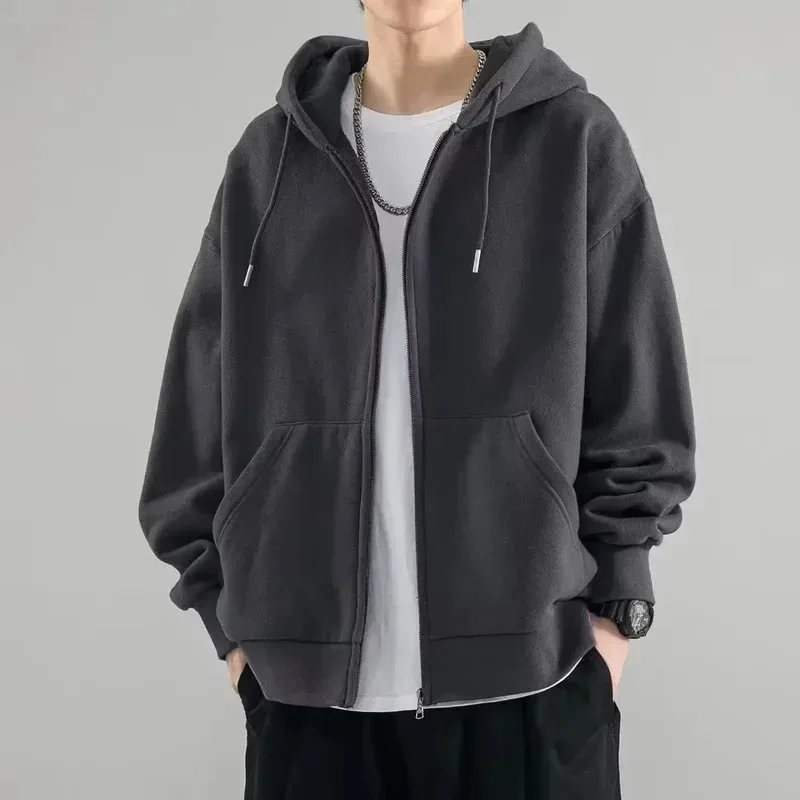 Male Clothes Black Solid Sweatshirt For Men Full Zip Up Hooded Hoodies Winter Young On Sale Offers High Quality Korean Style S — image 2