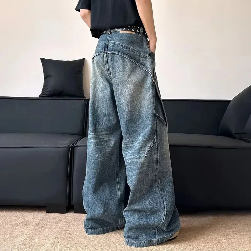 Korean Version Men'S Curved Knife Jeans With Loose Retro Design Straight Leg Pants Casual Large Pocket Wide Leg Pants — image 4