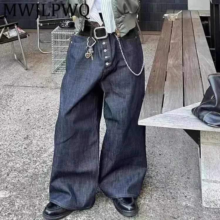 Button Design Machete Denim Baggy Jeans Men's High Street Edge Selvedge Niched Hiphop Loose Long Wide Leg Pants 12377 — image 1