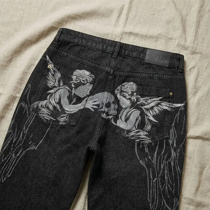 Black Winged Angel Skull Embroidered Baggy Denim Jeans Men Y2K Streetwear Vintage Oversized Cotton Casual Hip Hop Fashion Pants — image 2