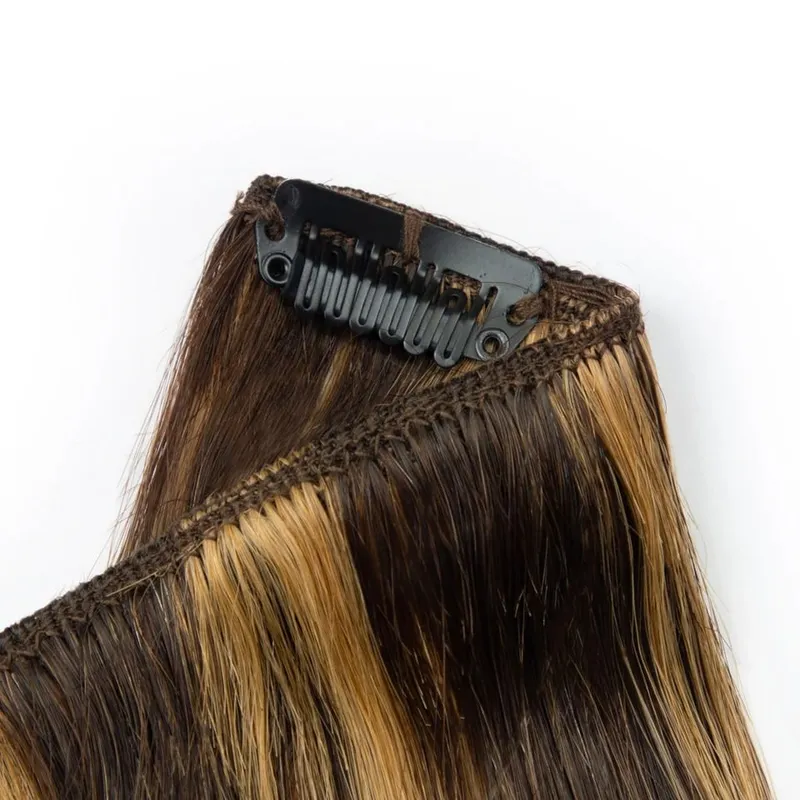 7PCS Double Weft Balayage Clip in Human Hair Extensions Light Brown to Bleach Blonde Ombre Remy Natural Straight Seamless for Wo
