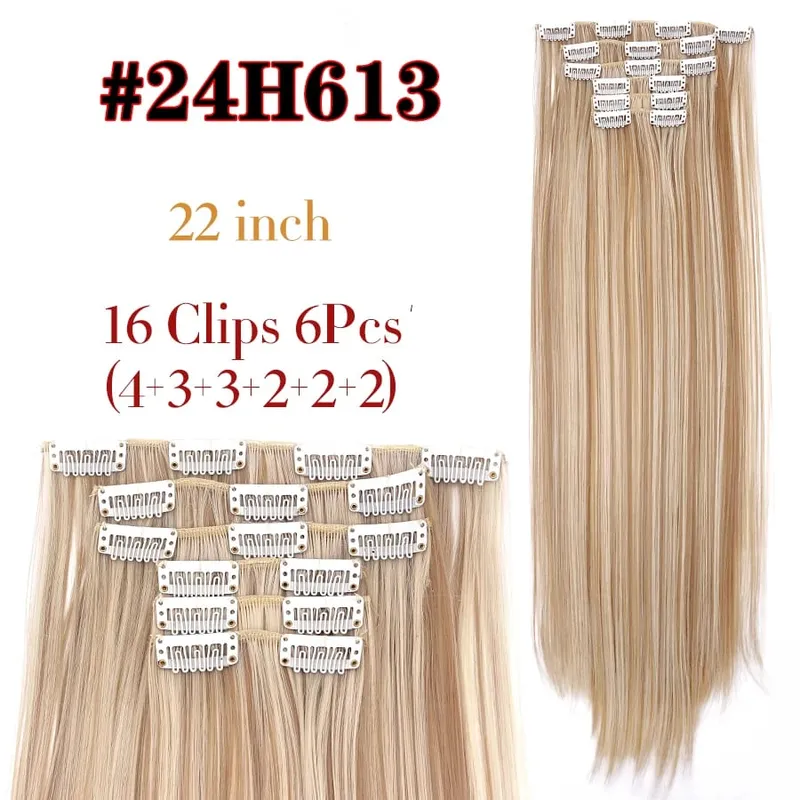 22 Inches Synthetic Long Straight Hairstyle 16 Clips 6Pcs/Set Hair Extensions Blonde Black Hairpieces Heat Resistant For Women