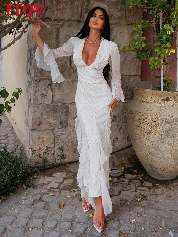 Sexy Slim Print Women's Dress 2025 Fashion V-Neck Long Sleeve Ankle Length Dresses Elegant Classic Ruffles Female Dress — image 2