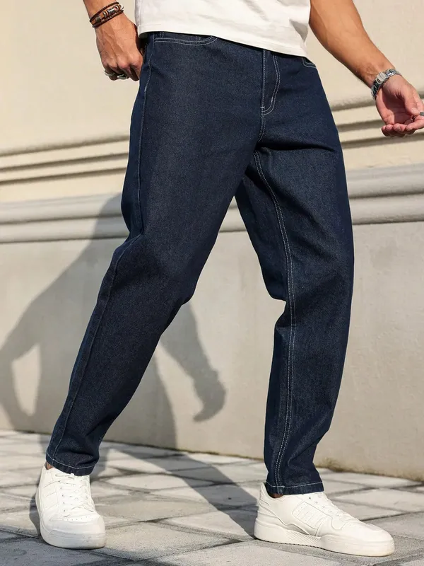 Men Raw Dark Blue Denim Jeans Contrast Stitching Loose Tapered Pants Vintage Non‑wash Straight Taper Trousers Streetwear