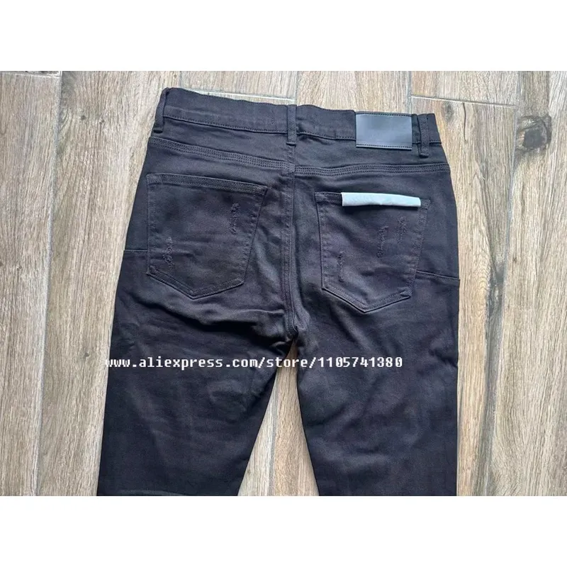Men's High Street American Fashion Style Jeans Distressed Black Damaged Holes Stretch Skinny Button Fly Ripped Jeans — image 5
