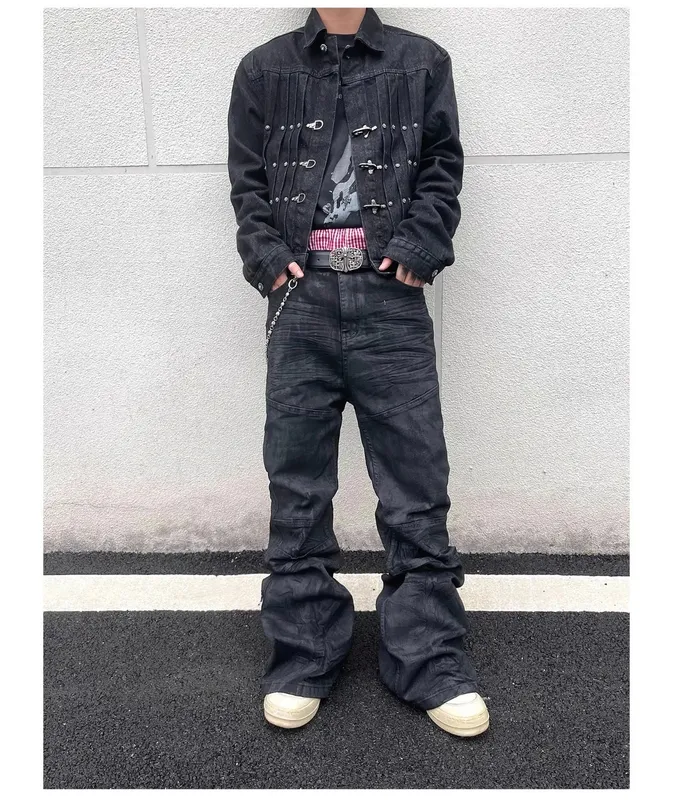 Denim Pant Men Stacked Jeans Vintage Pants Spliced Full Length Mid Waist Washed Straight Trousers Y2k High Street Casual Spring — image 8