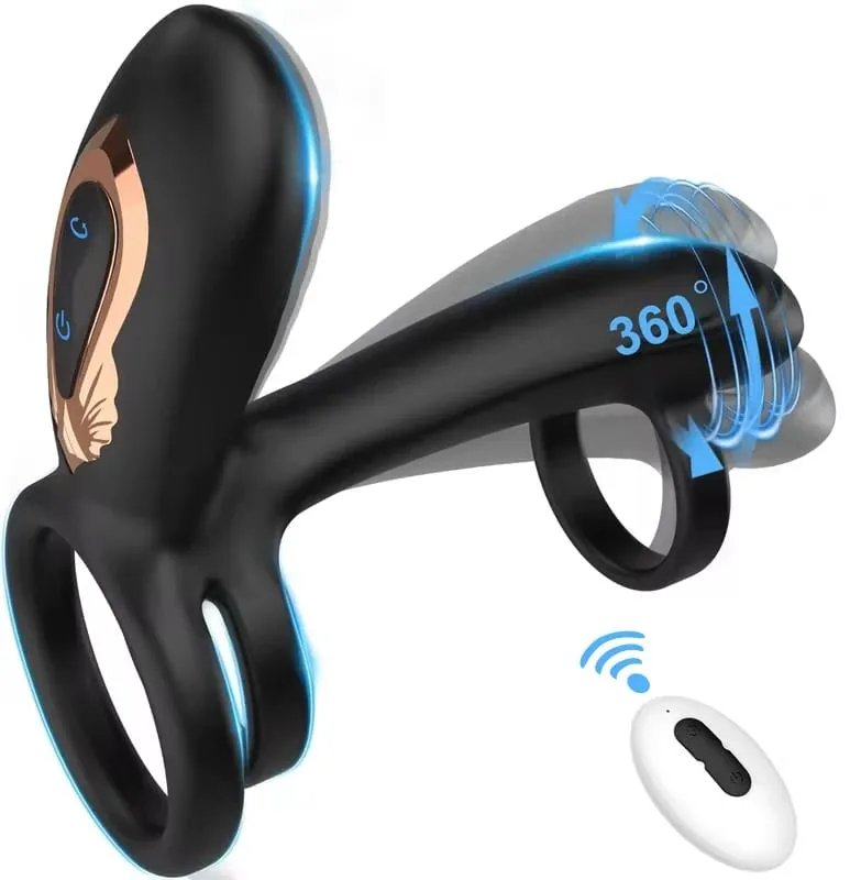 Giocattolo del sesso del vibratore dell'anello del pene telecomandato per gli uomini Tempo di ritardo Massaggiatore della prostata Rotazione di 360 ° Anelli vibranti per il pene 18+