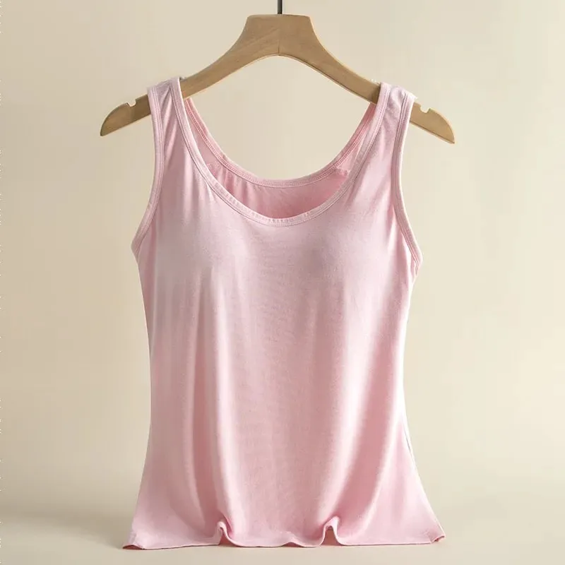1pcs Women's Vest Tops Round Neck Vests Solid Color Padded Slim Fit Tank Tops Sexy Feminino Casual Tank Tops With Built In Bras — image 10