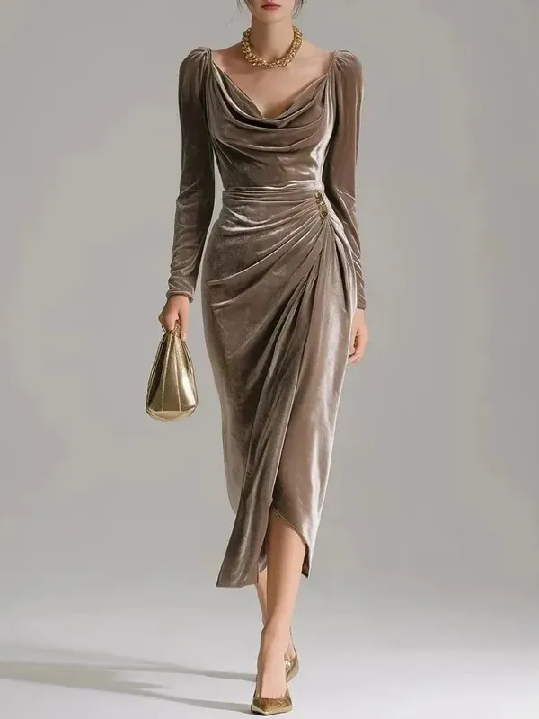 2025 Women's European & American Fashion Leisure Velvet Sexy New Long-sleeved Slimming Pleated Long A-line Split Bodycon Dress — image 3