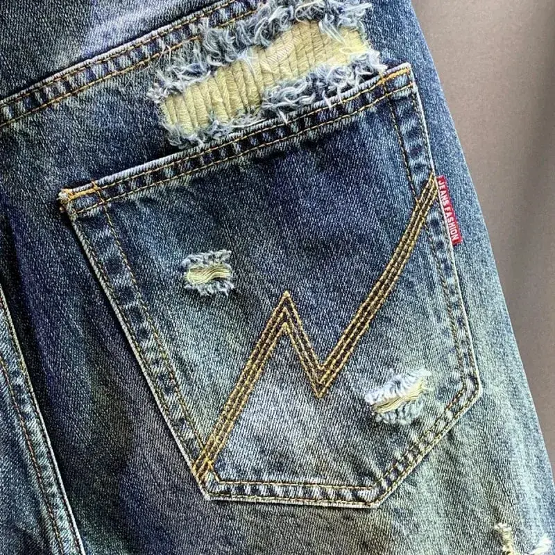 2025 Autumn/Winter New Men's Trendy Piercing Patch Jeans with Letter Printed Micro Loose Pants — image 6
