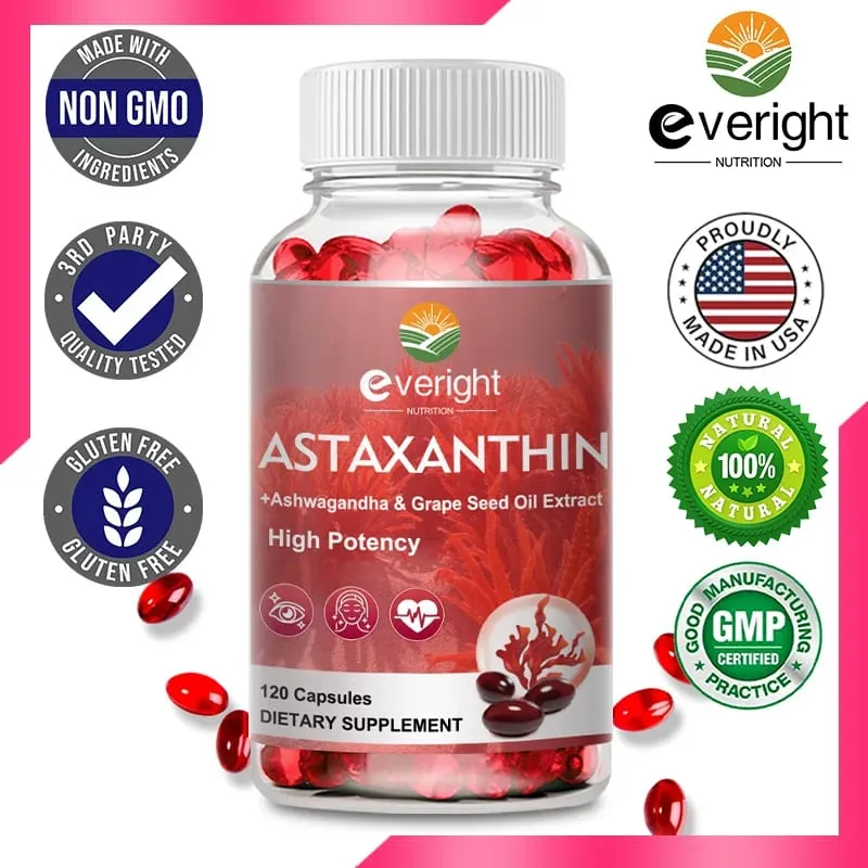 Astaxanthin Supplements 24mg Fresh Microalgae Source Grape Seed Oil Ashwagandha - Antioxidants for Healthy Skin Eyes Aging