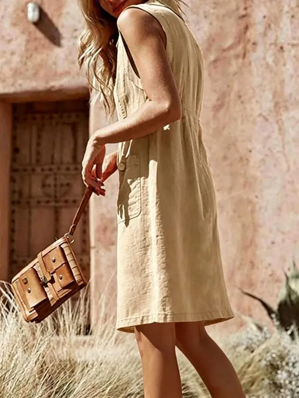 Women's dress summer new fashion V-neck single breasted buckle buckle dress pocket design sense skirt — image 3