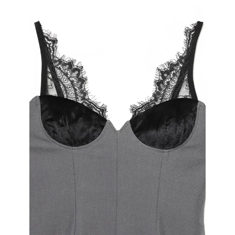 Gray Lace-Trimmed Camisole Dress Women V-neck Sleeveless Waist Cinching Dress Spring Summer Female Casual Outings Daily Matching — image 2
