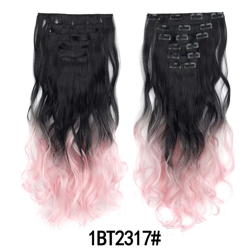 Clip in Hair Extensions 6PCS Hairpiece 20Inch Long Wavy Synthetic Thick Double Weft Hair for Women Gradient Color Daily Use