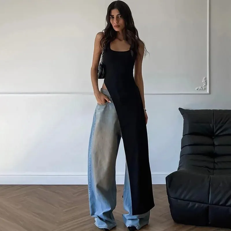 Summer personality trend slim fit solid color street niche irregular asymmetrical hem sleeveless camisole vest dress