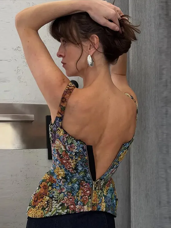 Floral Print Cami Corset Top Thin Straps U Neck Structured Waist Pointed Hem Vintage 2026 Spring Summer Vacation Lady Chic Top — image 3