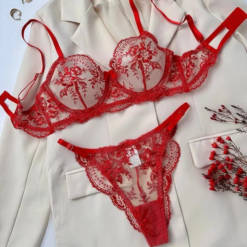 Conjunto Lencería Bordado Floral Transparente Aro Rejilla Copa Fina Sujetador Push Up Estilo Puro Deseo Ropa Interior Mujer S-XL — image 4