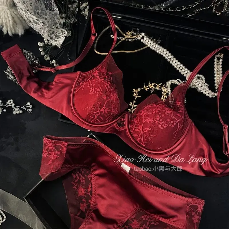 Lace Satin Lingerie Set for Summer Small Chest Gathering Soft Steel Ring Support Anti Sagging Bra Underwear Two-Piece Set — image 4