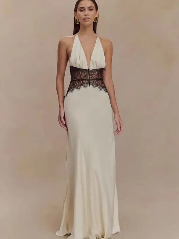 MO Patchwork Sexy Deep V-neck Lace Halter Women Maxi Dress White Backless Evening Dress Summer Slim Elegant Party Dress — image 2