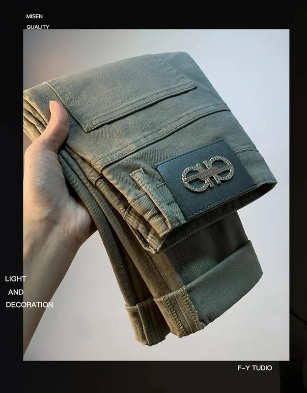 Calças de brim masculinas de luxo leve 2025 verão fino estiramento cônico pequeno perna reta casual versátil denim calças de cor sólida — image 7