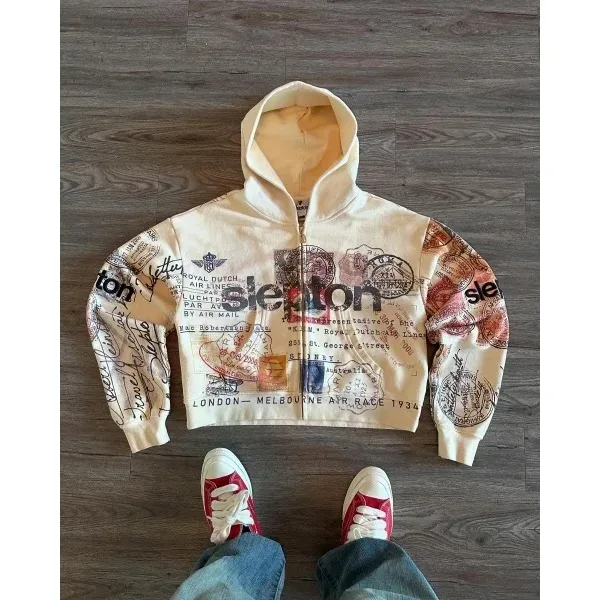 Sweat-shirt à capuche avec fermeture éclair pour homme et femme, imprimé abricot, lettres de dessin animé, mode multifonctionnel rétro Y2K High Street