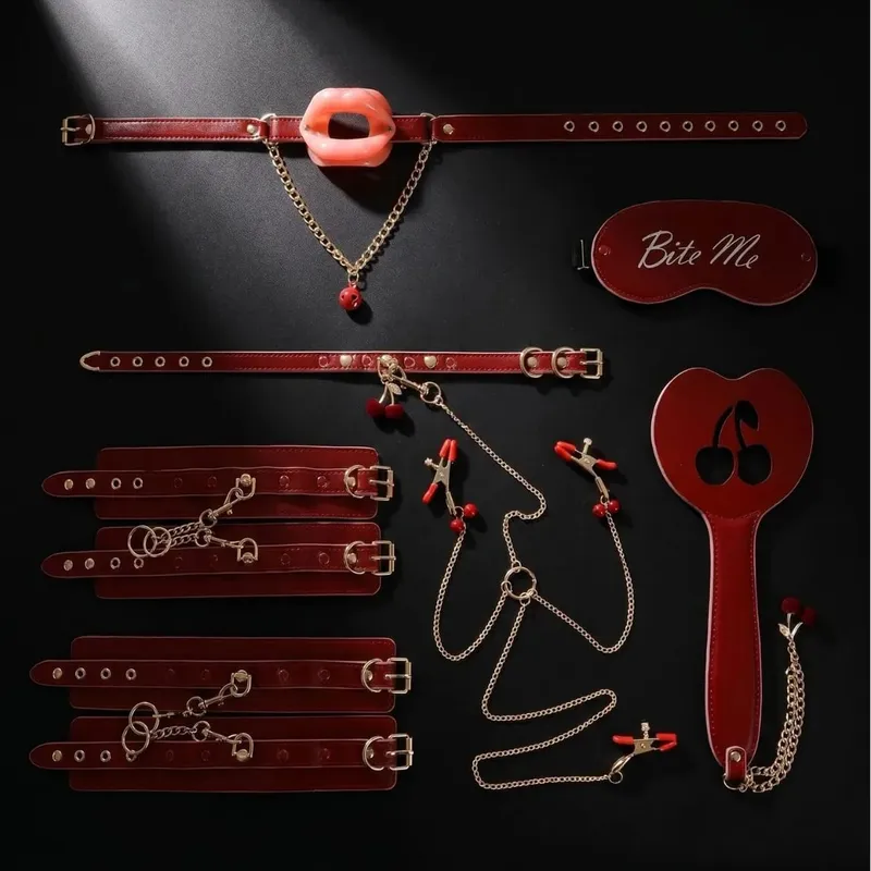 7pcs Sex Toys Set BDSM Bondage Adult Products shaped Mouth Plug Toy Beating Flirting Neck Cover Eyelid Mask Leather Handcuffs — image 2
