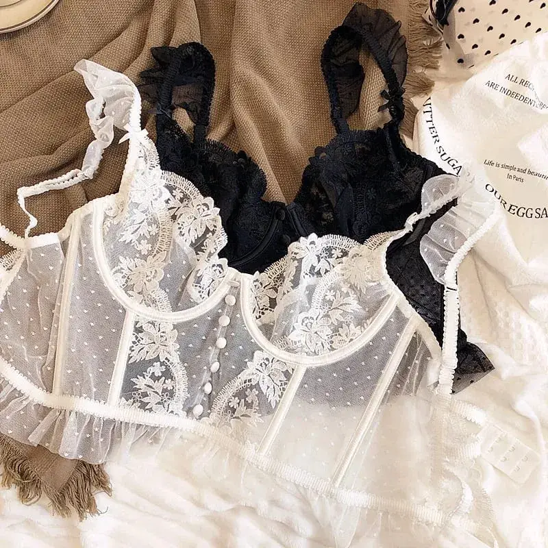 Hot Sale French Sexy Lingerie Set for Women Ultra Thin See Through Bra Panty Set Embroidery Lace Shaping Camisole Underwear Set — image 6